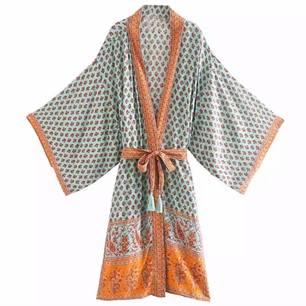 Bohemian Rust & Turquoise Kimono Wrap Coverup - Picture 4 of 7